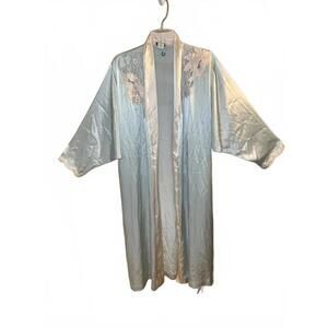 Natori Vintage Satin and Lace Embroidered Kimono Robe Pockets Belted Size Large